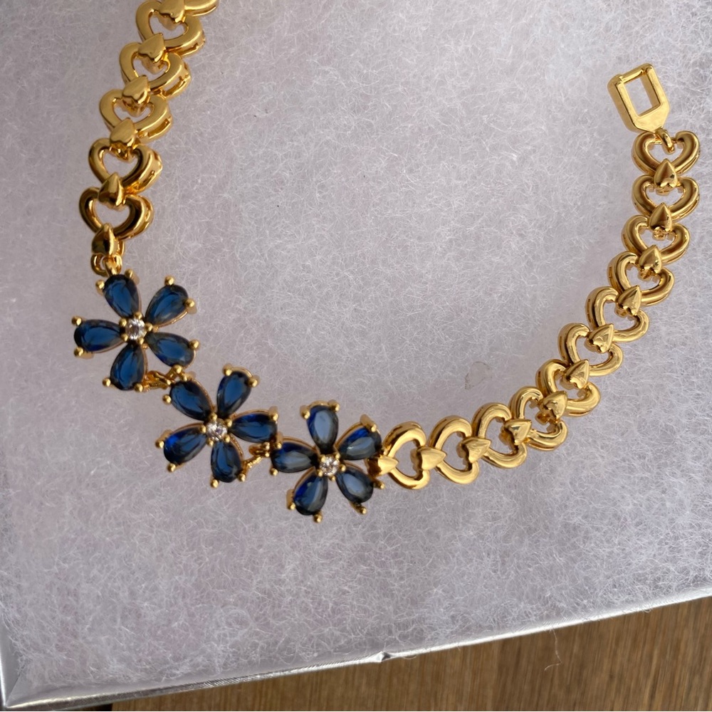 Blue Flowers Gold Plated Bracelet Pulsera Oro Laminado Flores Azul